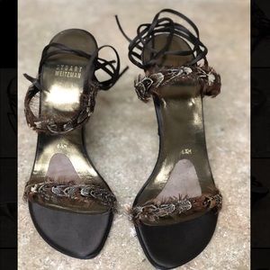 Brown Stuart Weitzman Sandal Heels Feather Trim